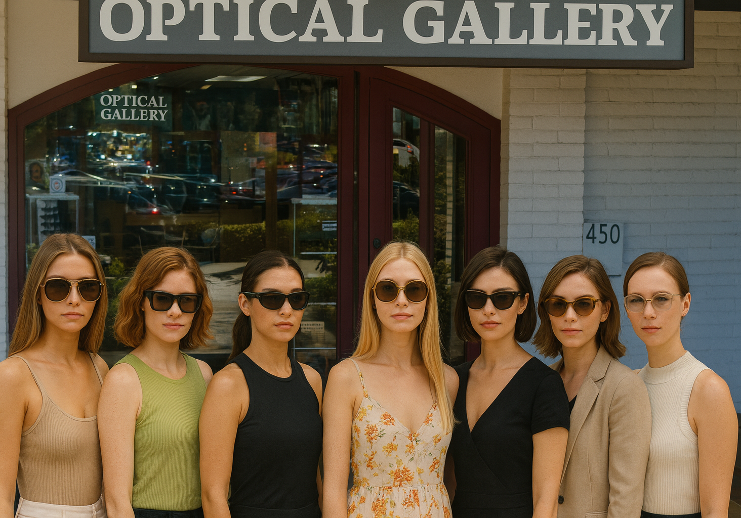 A group of seven stylish women wearing different Summer 2025 sunglasses trends, including oversized aviators, chunky acetate frames, sporty wraparounds, round vintage sunglasses, cat-eye frames, tortoiseshell ovals, and rimless minimalist styles, standing confidently outside Optical Gallery Palm Beach Gardens.