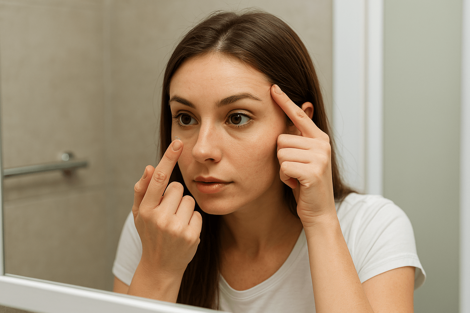 Young woman using contact lenses Palm Beach Gardens bathroom mirror