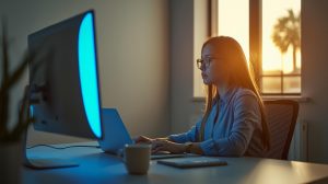 Young professional wearing computer glasses while working at a desk in Palm Beach Gardens office.