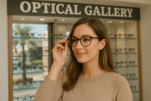 customer trying on designer eyeglasses Palm Beach Gardens Optical Gallery