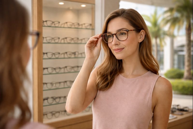 customer trying on eyeglass frames Palm Beach Gardens Optical Gallery
