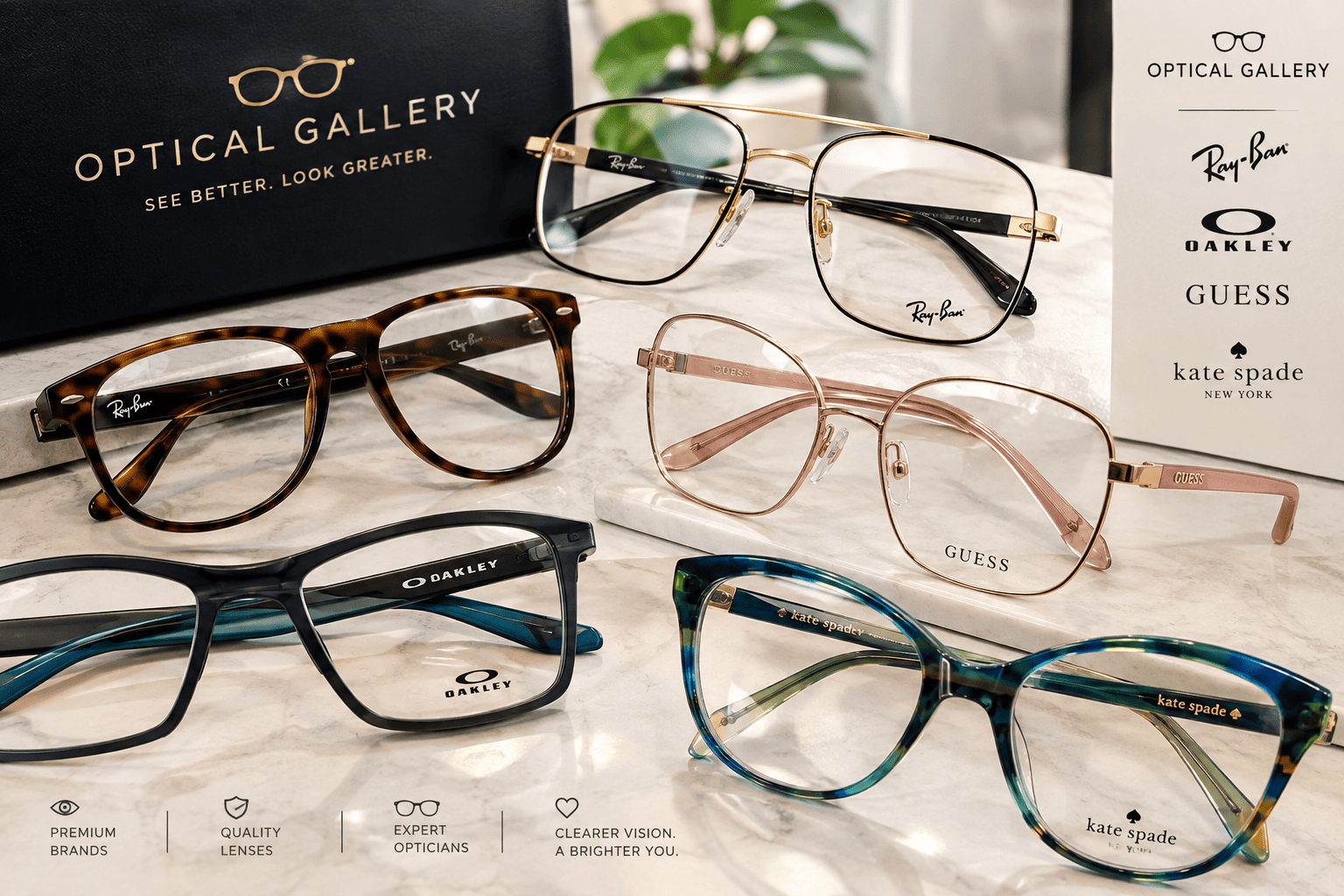 Close-up display of sophisticated eyeglass frames in various shapes, materials, and neutral and colorful finishes, featuring Ray-Ban, Oakley, GUESS, and kate spade at Optical Gallery.